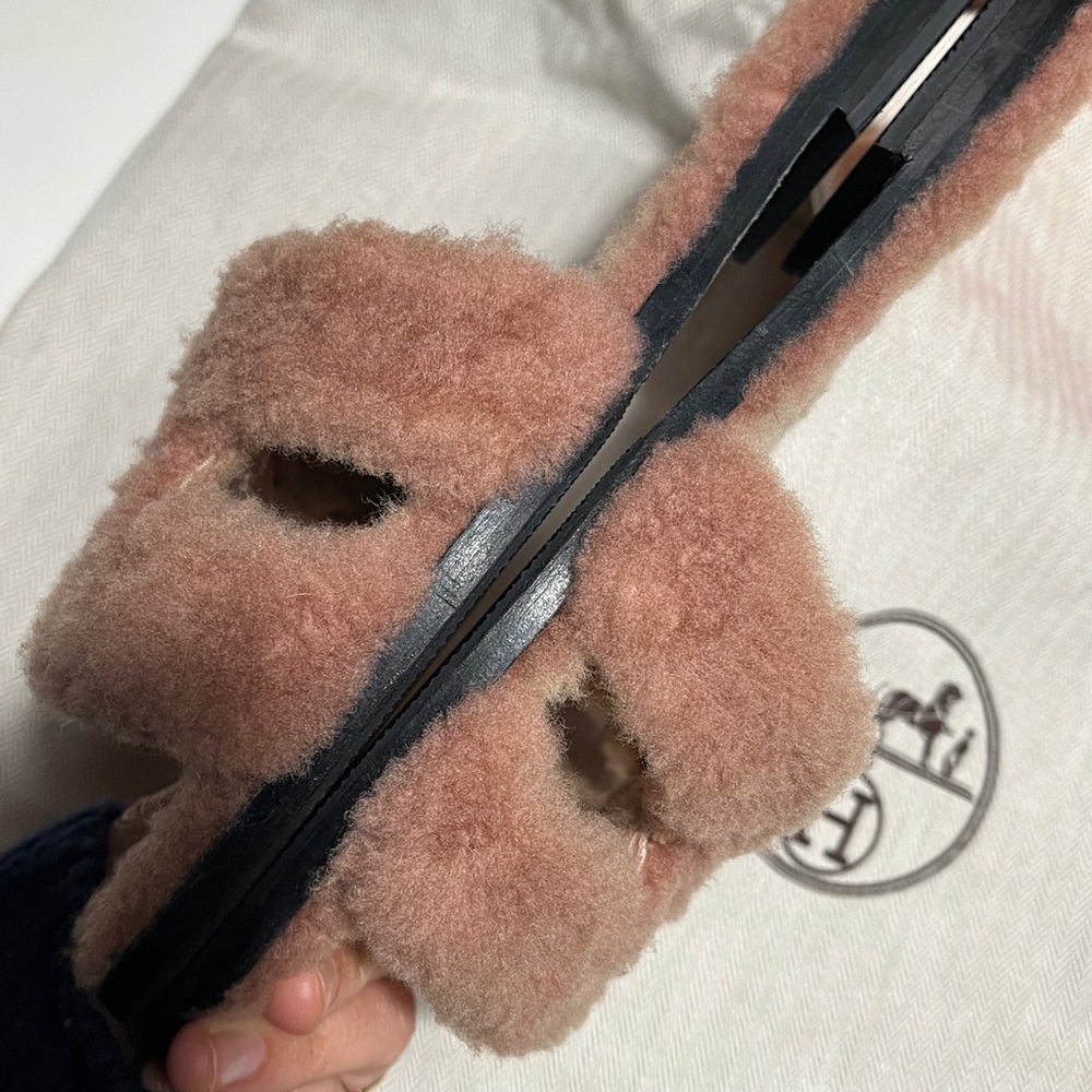 Hermès Shearling Slippers in Pink and Tan - Picture 7 of 9